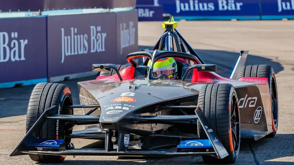 Mahindra Racing Formula E car at the 2023 Berlin E-Prix