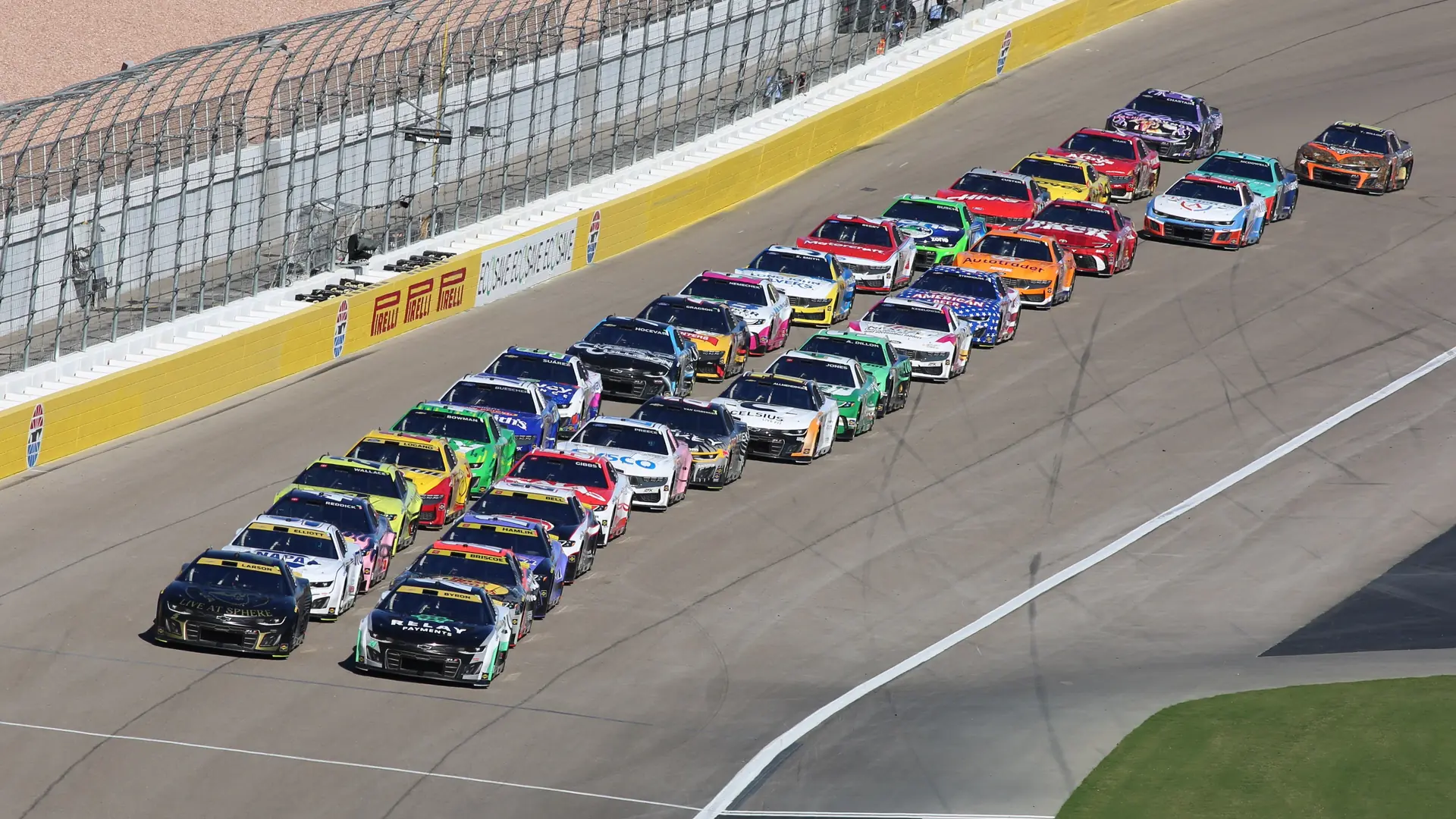 The NASCAR Cup Series field lines up for a restart during the 2025 South Point 400 at Las Vegas Motor Speedway