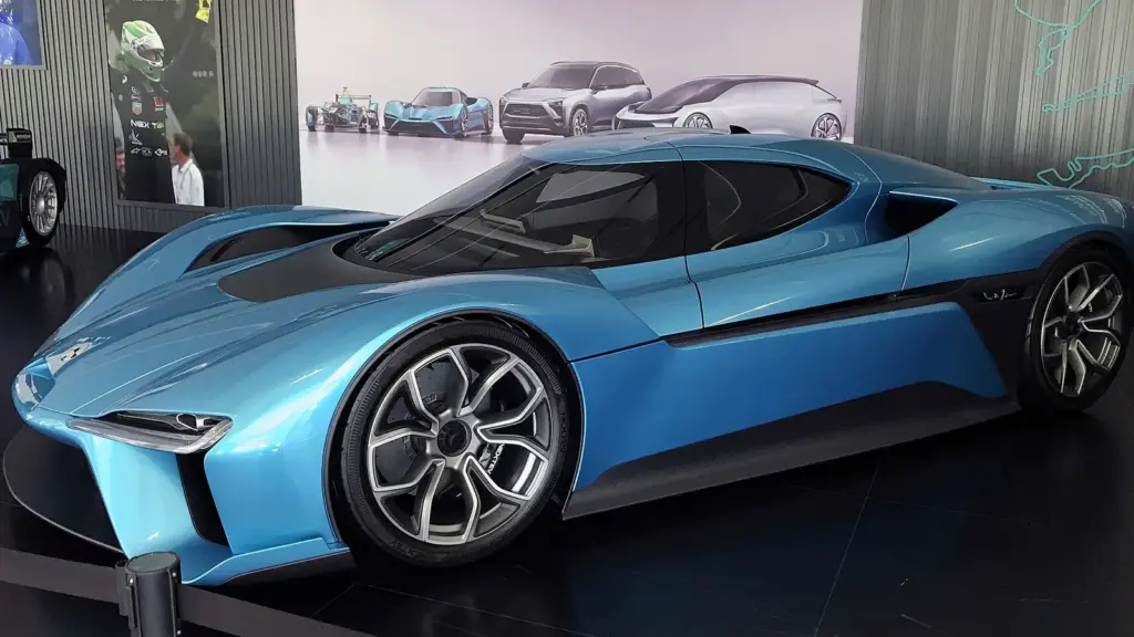 Blue NIO EP9 electric supercar on display at NIO headquarters in Shanghai
