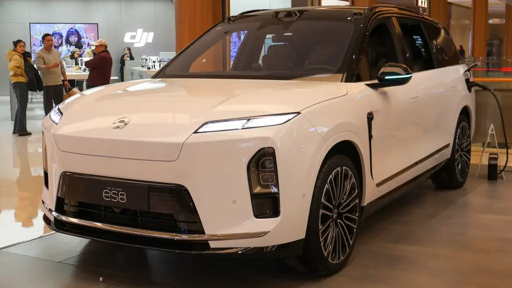 White third-generation NIO ES8 SUV on display in Suzhou