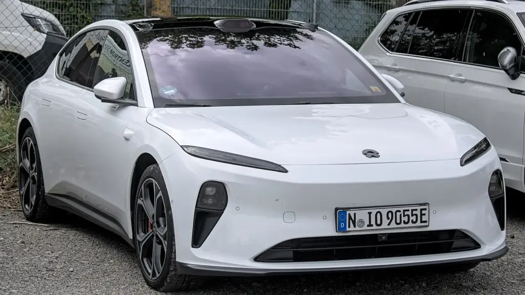 White NIO ET5 electric sedan in Stuttgart