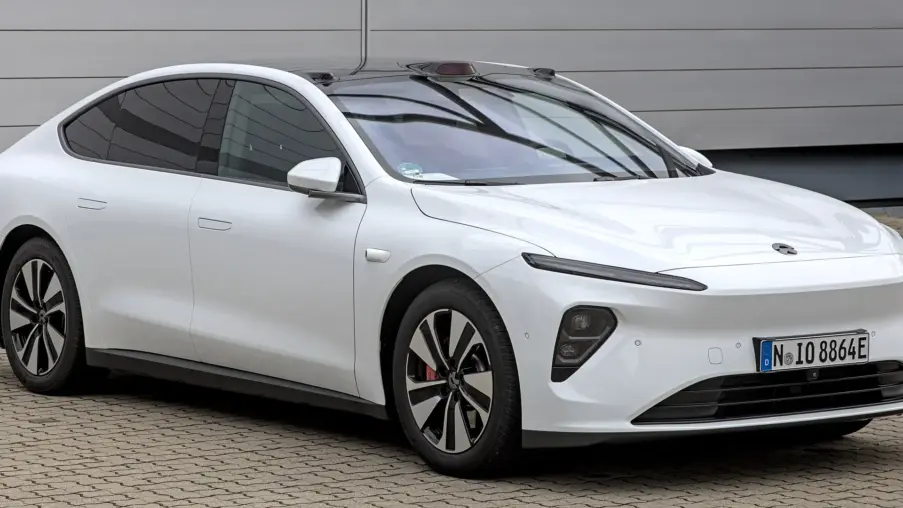 White NIO ET7 electric sedan at Retro Classics 2023