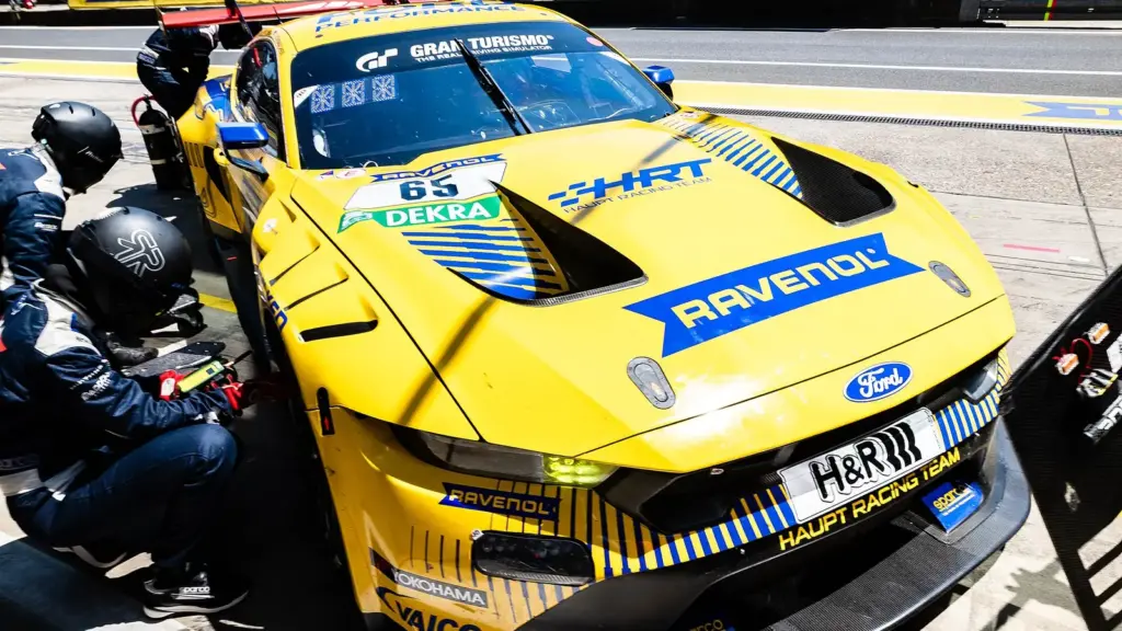 A Ford Mustang GT3 during a pit stop at the 2025 24 Hours of Nürburgring
