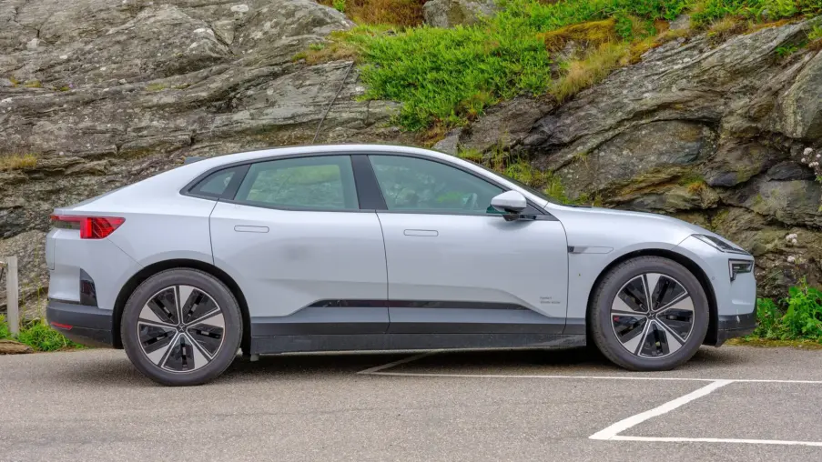 White Polestar 4 electric SUV coupe, side view