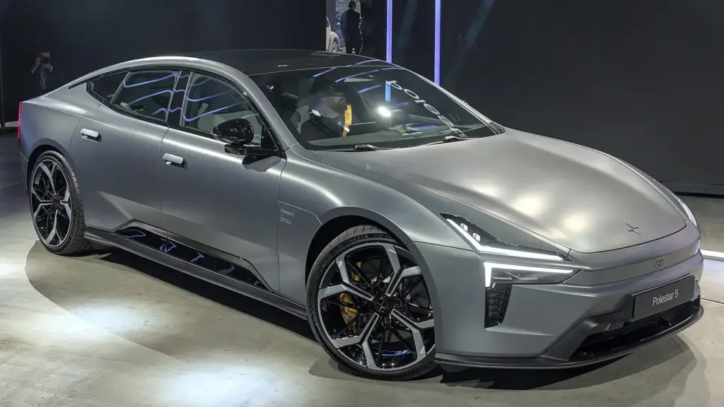 Gray Polestar 5 electric grand tourer at Auto Zurich 2025