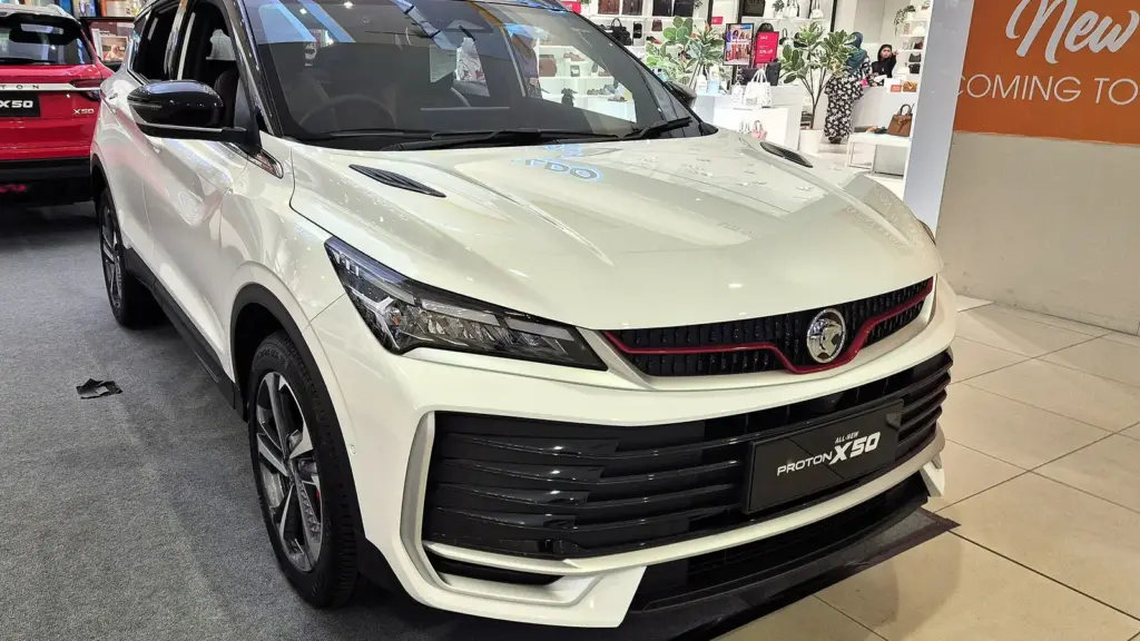 White 2025 Proton X50 facelift SUV on display