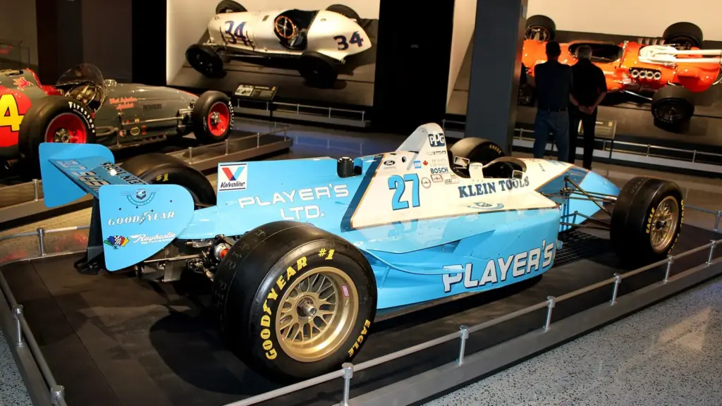 Jacques Villeneuve’s 1995 Player’s Reynard 95I, a Ford-Cosworth-powered CART champion, at the Indianapolis Motor Speedway Museum