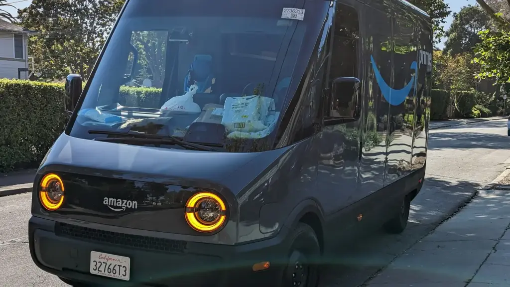 Rivian EDV-500 electric delivery van in Amazon service in Menlo Park, California