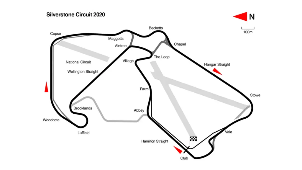 Track map of the Silverstone Grand Prix circuit with corner names, 2020 layout