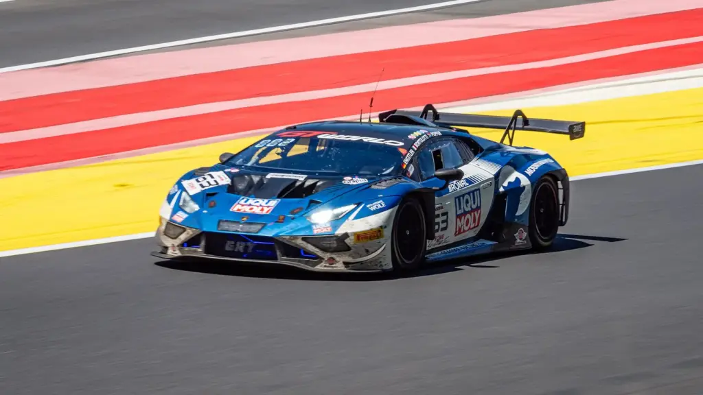 The winning No. 63 Grasser Racing Lamborghini Huracán GT3 at the top of Raidillon during the 2025 24 Hours of Spa