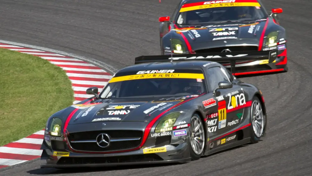 Two Gainer Mercedes-Benz SLS AMG GT3 cars racing in the GT300 class at the 2014 Suzuka 1000 km