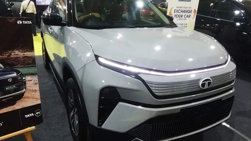White Tata Harrier.ev electric SUV at the 2025 Bangalore International Auto Show