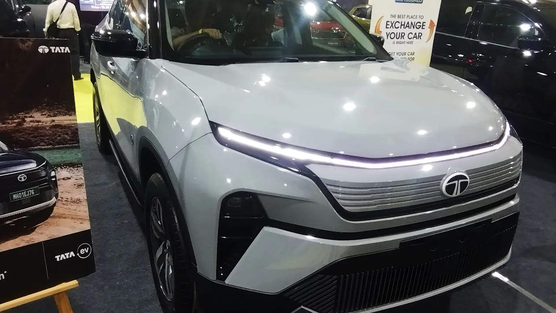 White Tata Harrier.ev electric SUV at the 2025 Bangalore International Auto Show