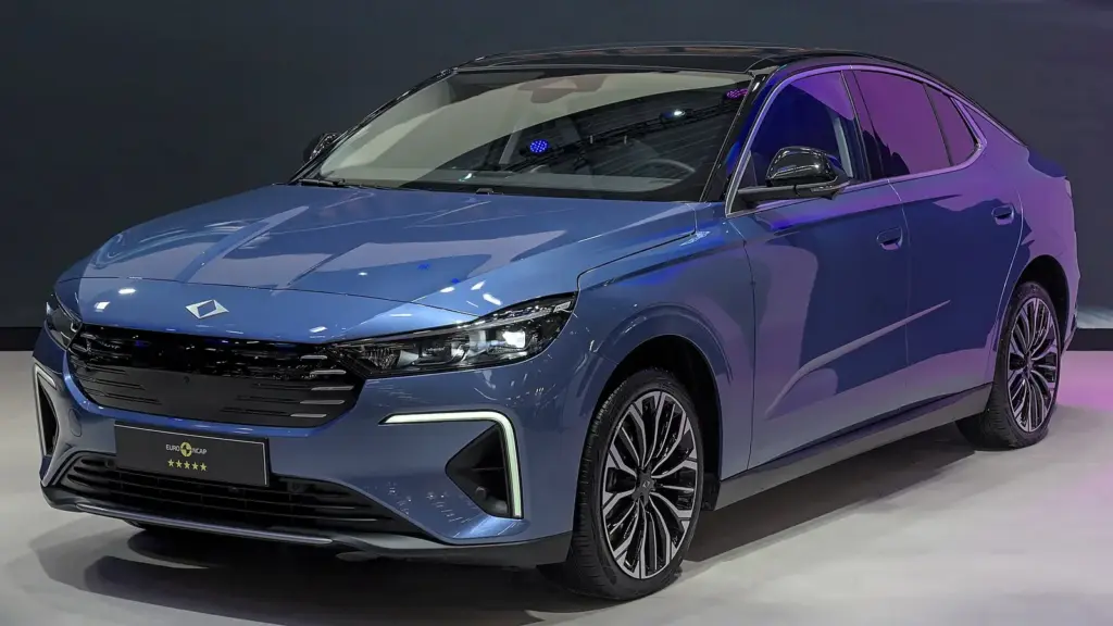 Blue Togg T10F electric fastback sedan on display at IAA 2025