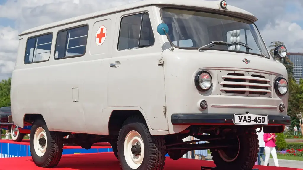 UAZ-450 ambulance van on display at a Moscow car show in 2025
