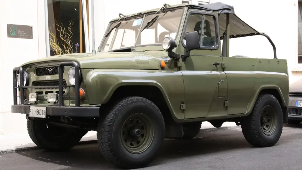 Green UAZ-469 off-roader with an open top in Montecatini Terme, Italy