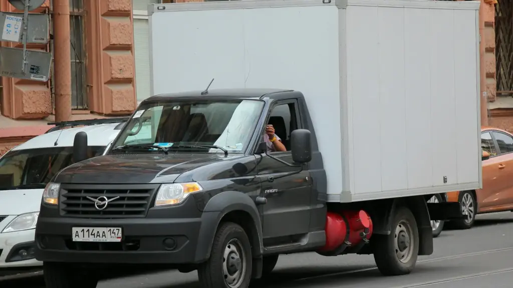 Front view of a grey UAZ Profi box truck