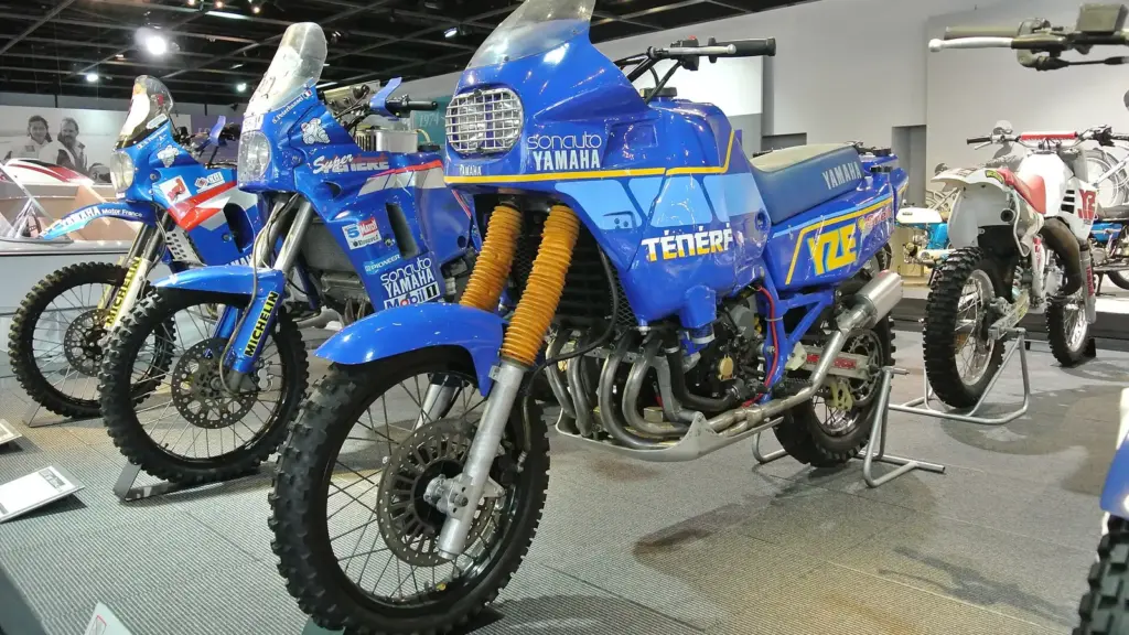 Yamaha’s Paris-Dakar rally motorcycles on display at the Yamaha Communication Plaza in Japan