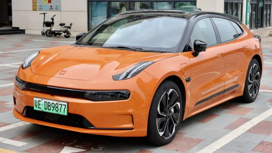 Orange Zeekr 001 electric shooting brake in Zhuhai, China