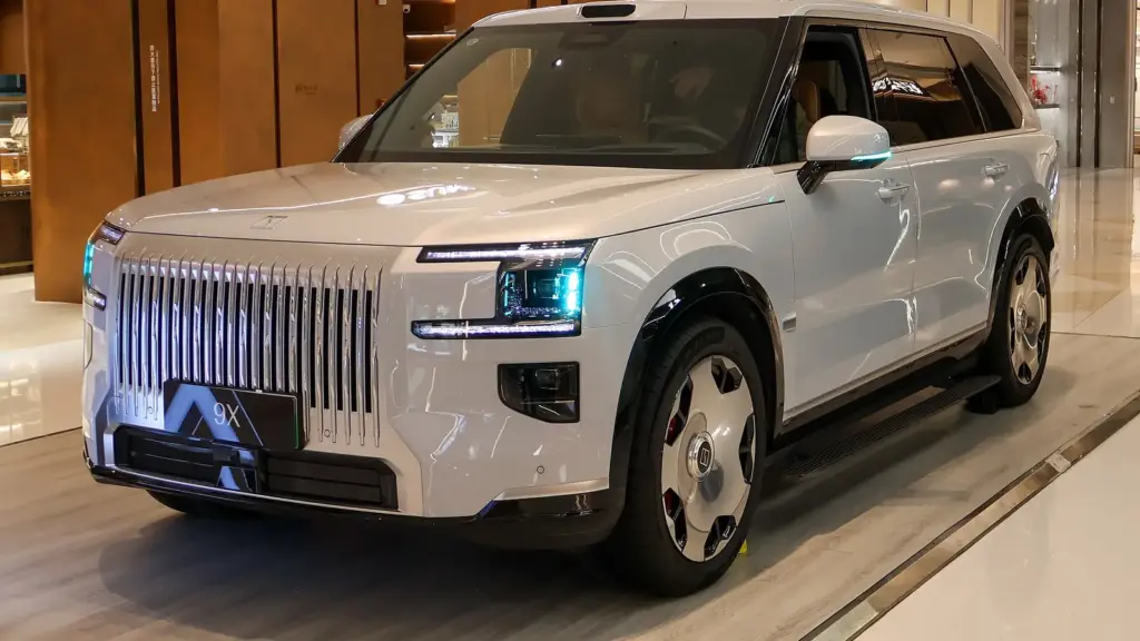 White Zeekr 9X plug-in hybrid SUV on display in Wuhan